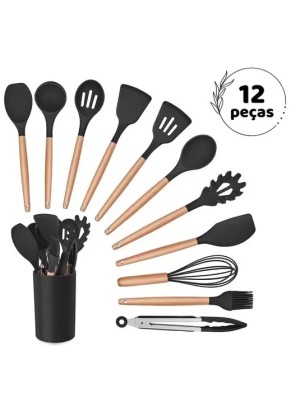 KIT UTENSILIOS PARA COZINHA SILICONE COM 12 PCS CABO MADEIRA - KITCHEN & DINING