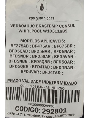 VEDAÇÃO FORNO JC BRASTEMP/CONSUL WHIRLPOOL - W10311885