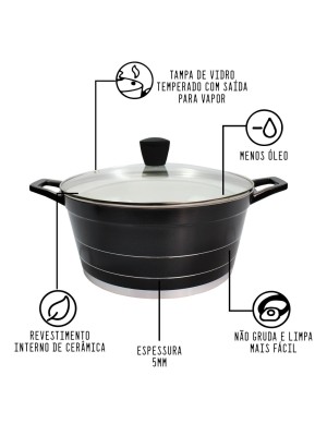 PANELA DE CERAMICA PRETA 28CM COM TAMPA DE VIDRO ID863PA